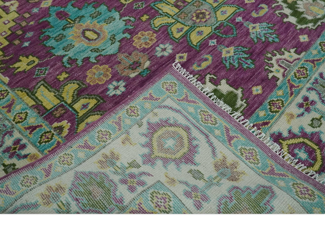 Purple, Ivory, Green and Aqua Hand Knotted Traditional Oushak 9x12 wool Area Rug - The Rug Decor