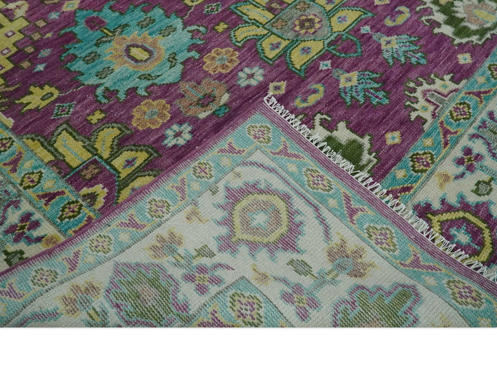 Purple, Ivory, Green and Aqua Hand Knotted Traditional Oushak 9x12 wool Area Rug - The Rug Decor