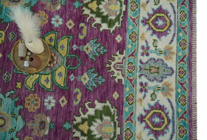 Purple, Ivory, Green and Aqua Hand Knotted Traditional Oushak 9x12 wool Area Rug - The Rug Decor