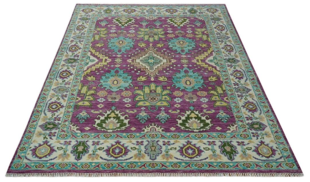 Purple, Ivory, Green and Aqua Hand Knotted Traditional Oushak 9x12 wool Area Rug - The Rug Decor