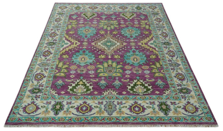 Purple, Ivory, Green and Aqua Hand Knotted Traditional Oushak 9x12 wool Area Rug - The Rug Decor