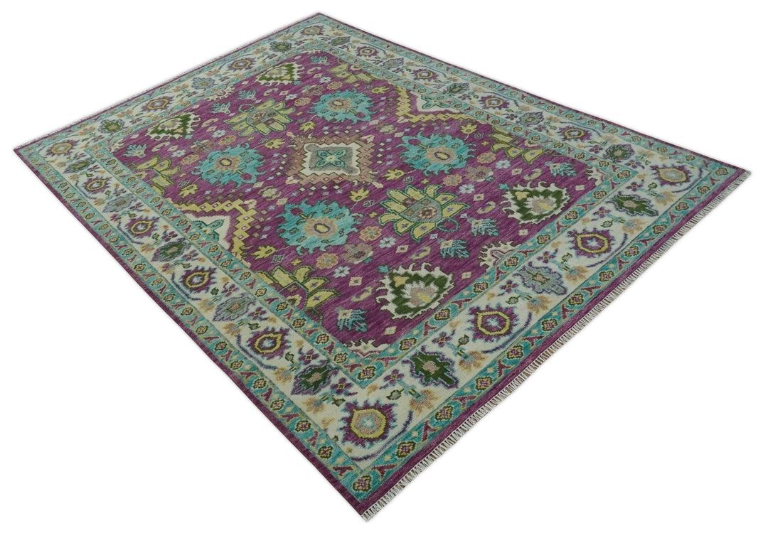 Purple, Ivory, Green and Aqua Hand Knotted Traditional Oushak 9x12 wool Area Rug - The Rug Decor