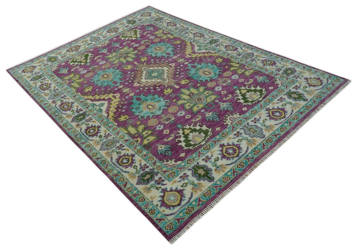 Purple, Ivory, Green and Aqua Hand Knotted Traditional Oushak 9x12 wool Area Rug - The Rug Decor