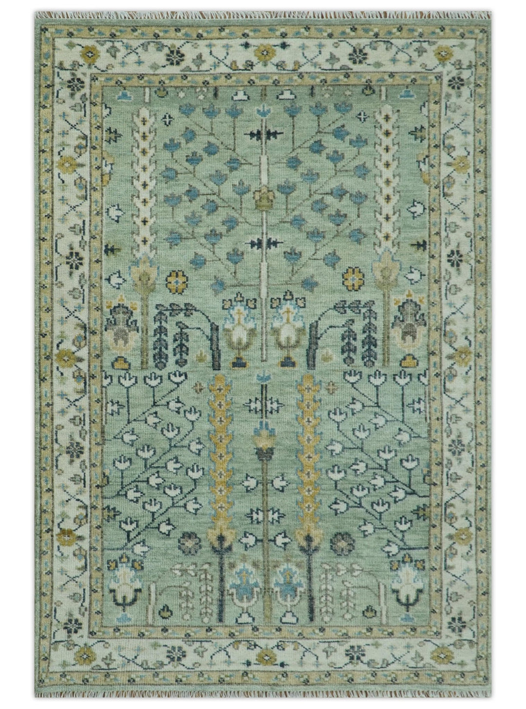 Ready to Ship Antique Moss Green and Ivory Hand Knotted Traditional Wool Area Rug - The Rug Decor