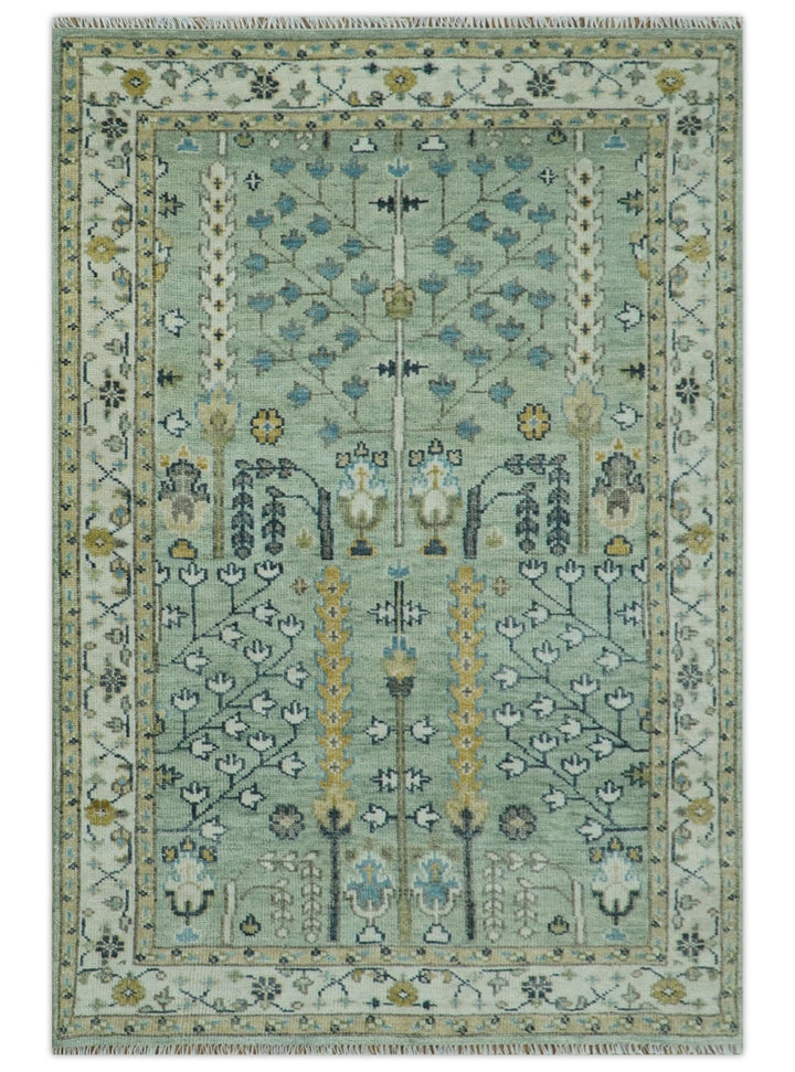 Ready to Ship Antique Moss Green and Ivory Hand Knotted Traditional Wool Area Rug - The Rug Decor
