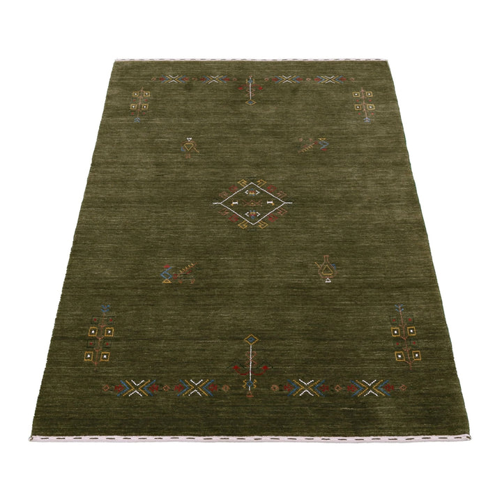 Ready to Ship Green Tribal Center Medallion Hand Loomed Wool Area Rug - The Rug Decor