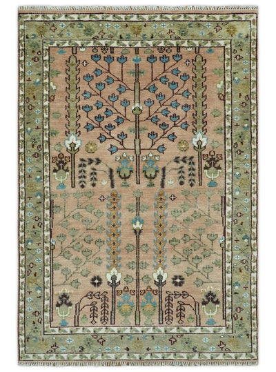 Ready to Ship Pink, Olive and Beige Traditional Vintage Style Tree Wool Rug - The Rug Decor