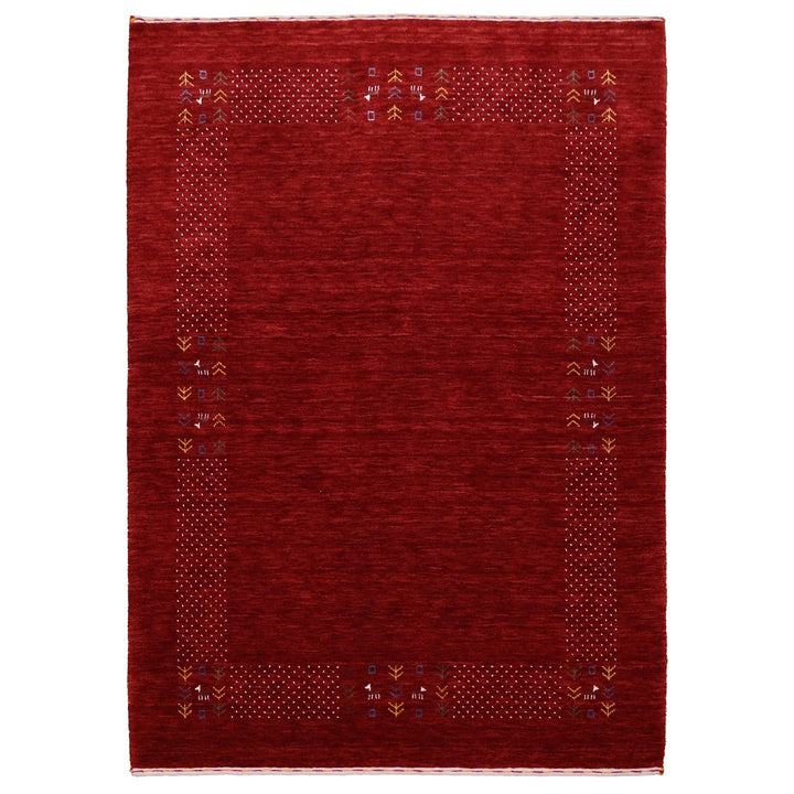 Ready to Ship Red Contemporary Border Motifs Hand Loomed Wool Area Rug - The Rug Decor