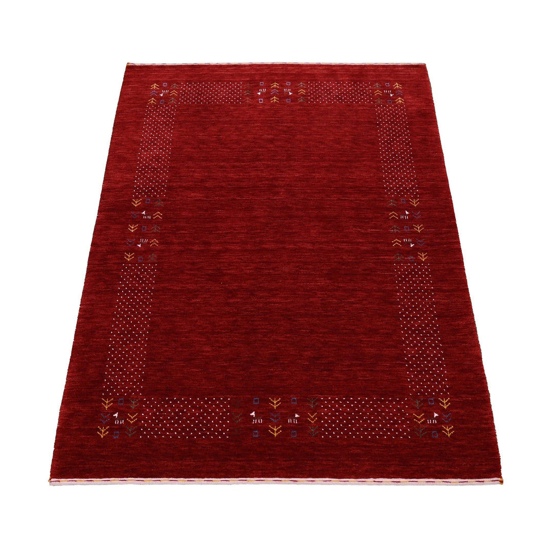 Ready to Ship Red Contemporary Border Motifs Hand Loomed Wool Area Rug - The Rug Decor