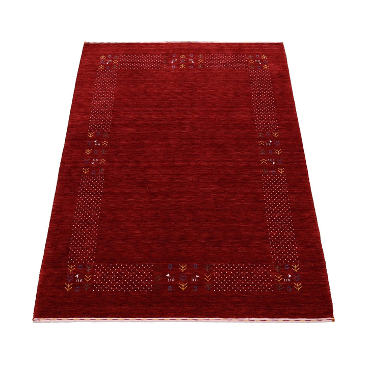 Ready to Ship Red Contemporary Border Motifs Hand Loomed Wool Area Rug - The Rug Decor