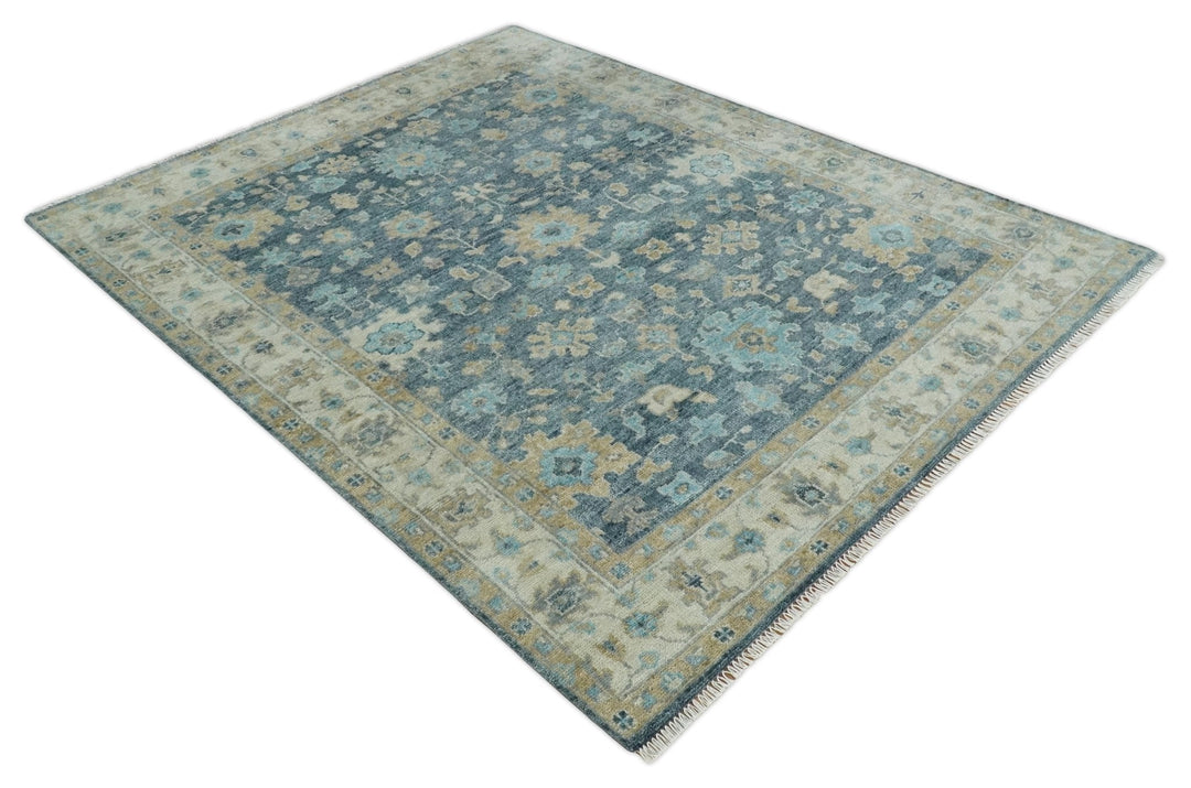 Ready to Ship Teal Blue Hand Knotted Oriental Oushak Ivory and Beige Wool Area Rug - The Rug Decor
