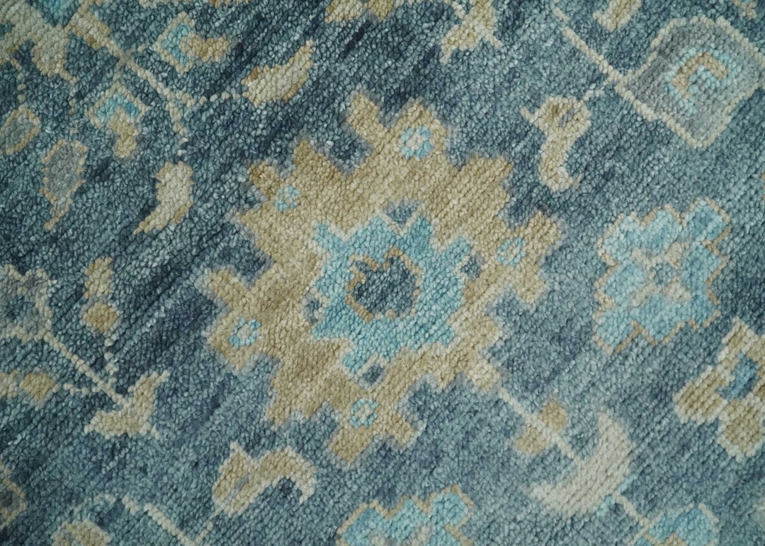 Ready to Ship Teal Blue Hand Knotted Oriental Oushak Ivory and Beige Wool Area Rug - The Rug Decor