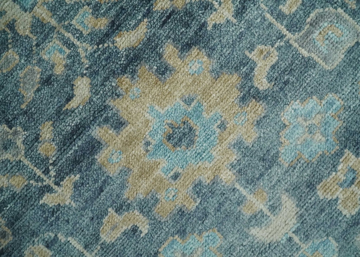 Ready to Ship Teal Blue Hand Knotted Oriental Oushak Ivory and Beige Wool Area Rug - The Rug Decor
