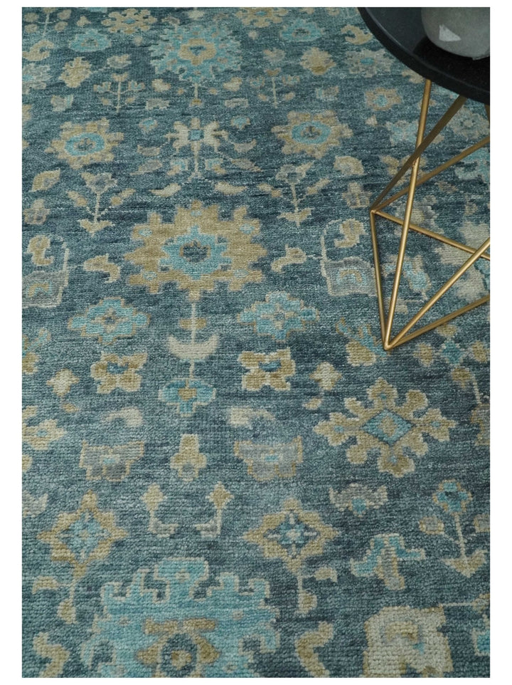 Ready to Ship Teal Blue Hand Knotted Oriental Oushak Ivory and Beige Wool Area Rug - The Rug Decor