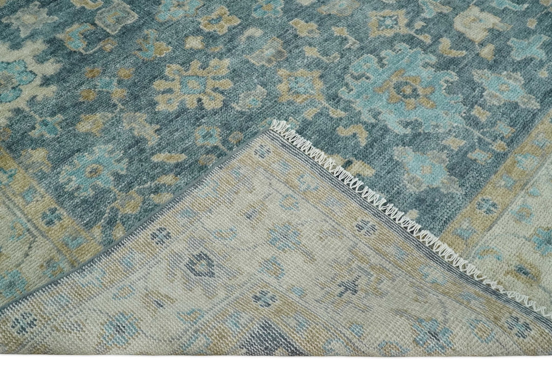 Ready to Ship Teal Blue Hand Knotted Oriental Oushak Ivory and Beige Wool Area Rug - The Rug Decor