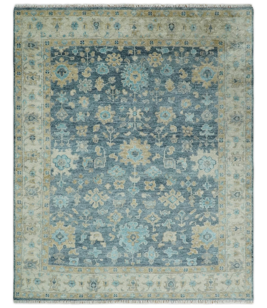 Ready to Ship Teal Blue Hand Knotted Oriental Oushak Ivory and Beige Wool Area Rug - The Rug Decor