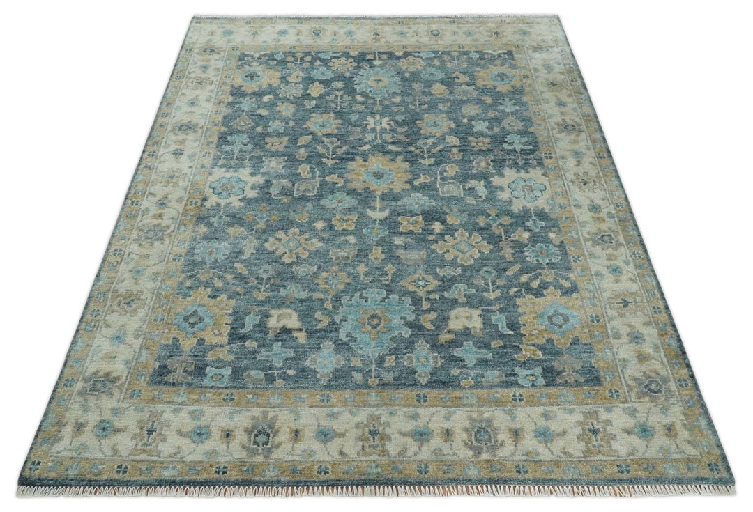 Ready to Ship Teal Blue Hand Knotted Oriental Oushak Ivory and Beige Wool Area Rug - The Rug Decor