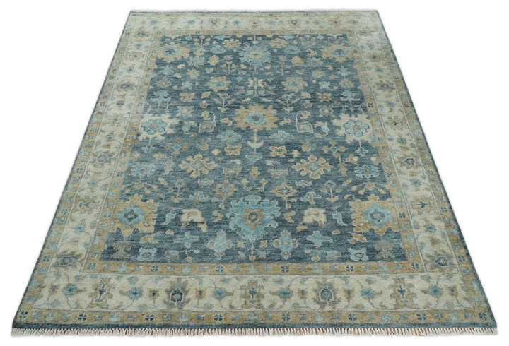 Ready to Ship Teal Blue Hand Knotted Oriental Oushak Ivory and Beige Wool Area Rug - The Rug Decor