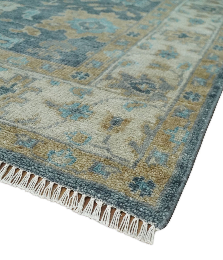 Ready to Ship Teal Blue Hand Knotted Oriental Oushak Ivory and Beige Wool Area Rug - The Rug Decor