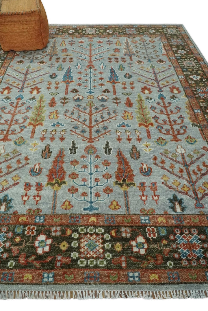 Ready to Ship Tree of Life Hand Knotted Silver, Brown and Rust Traditional Oushak Wool Rug - The Rug Decor