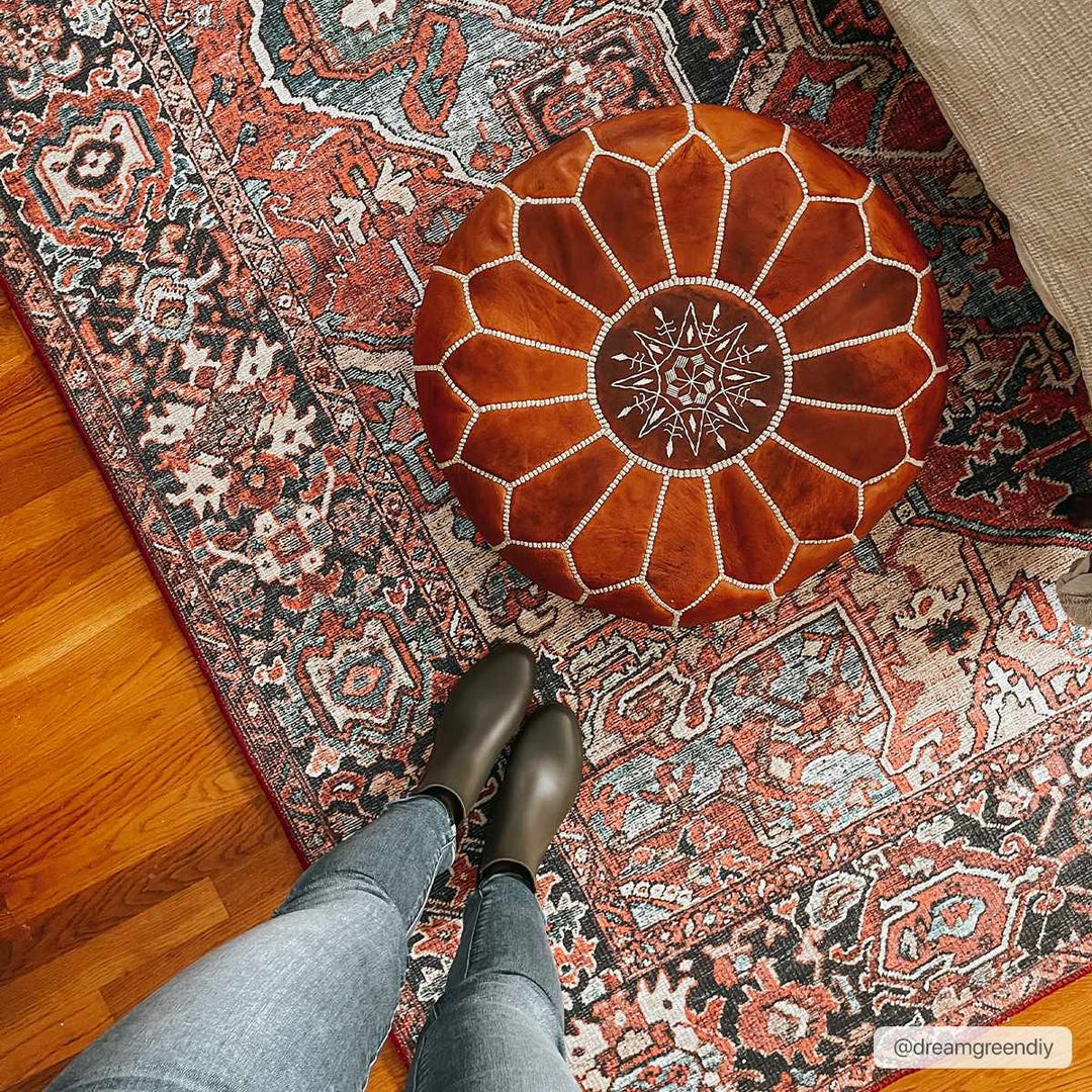 Rich Maroon, Tan and Blue Traditional Heriz Medallion Vintage Style Multi Size rug - The Rug Decor