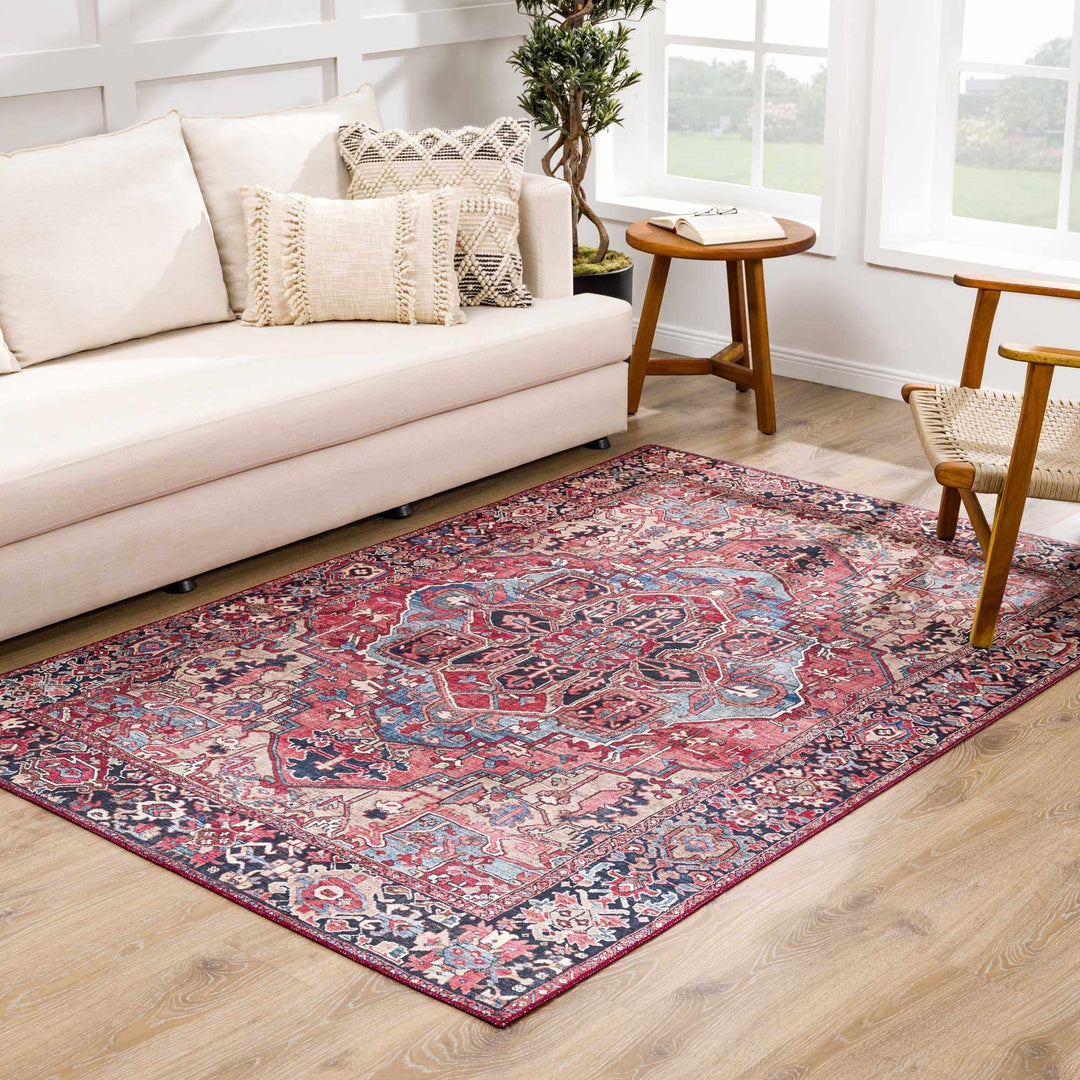 Rich Maroon, Tan and Blue Traditional Heriz Medallion Vintage Style Multi Size rug - The Rug Decor