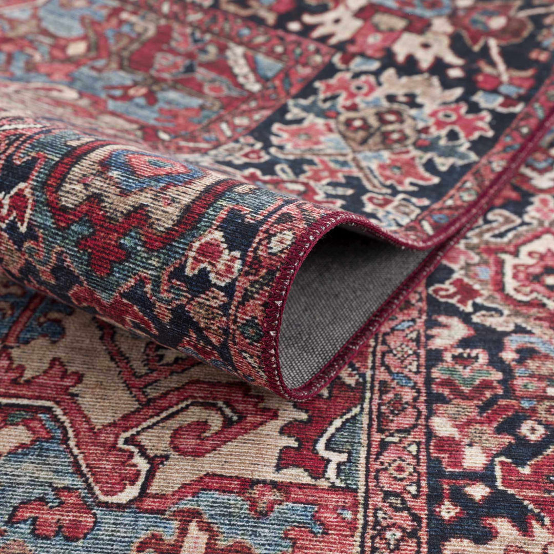 Rich Maroon, Tan and Blue Traditional Heriz Medallion Vintage Style Multi Size rug - The Rug Decor