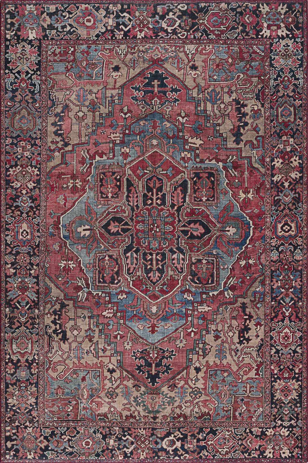 Rich Maroon, Tan and Blue Traditional Heriz Medallion Vintage Style Multi Size rug - The Rug Decor