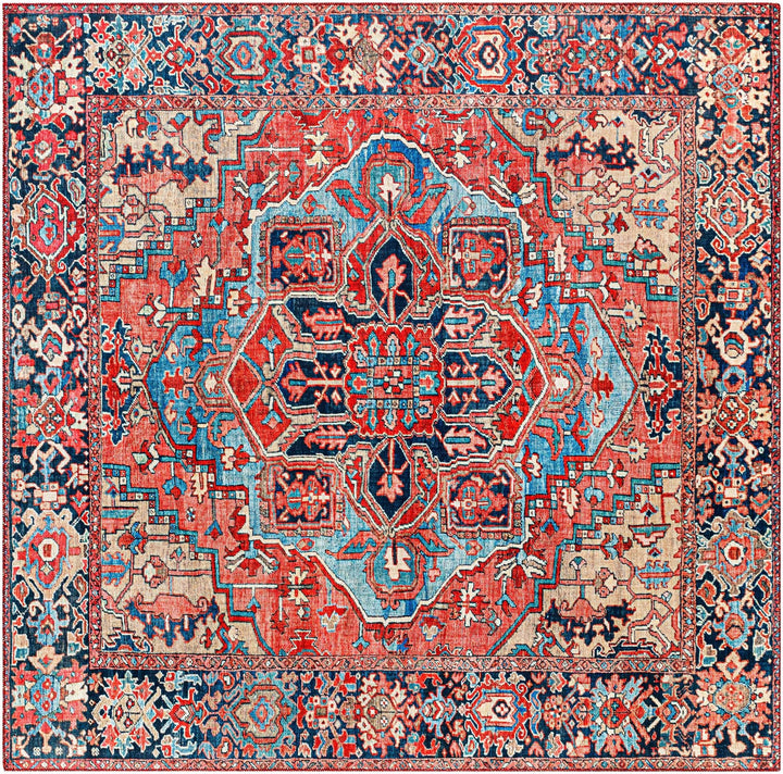 Rich Maroon, Tan and Blue Traditional Heriz Medallion Vintage Style Multi Size rug - The Rug Decor