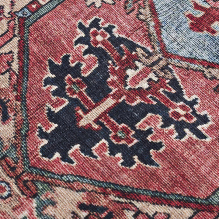 Rich Maroon, Tan and Blue Traditional Heriz Medallion Vintage Style Multi Size rug - The Rug Decor