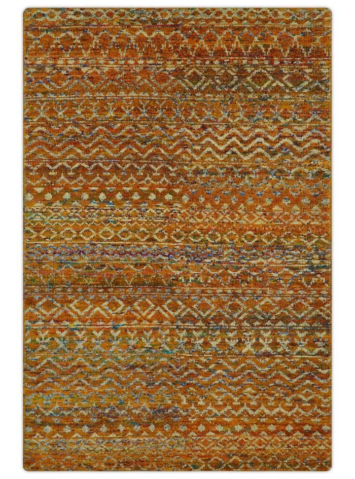 Rust and Beige 6x8.6 Contemporary Southwestern Tribal Trellis Recycled silk Rug - The Rug Decor