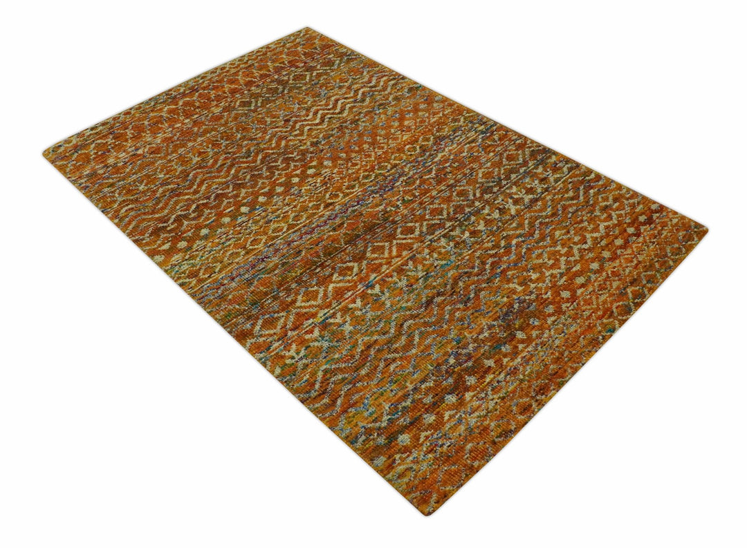 Rust and Beige 6x8.6 Contemporary Southwestern Tribal Trellis Recycled silk Rug - The Rug Decor