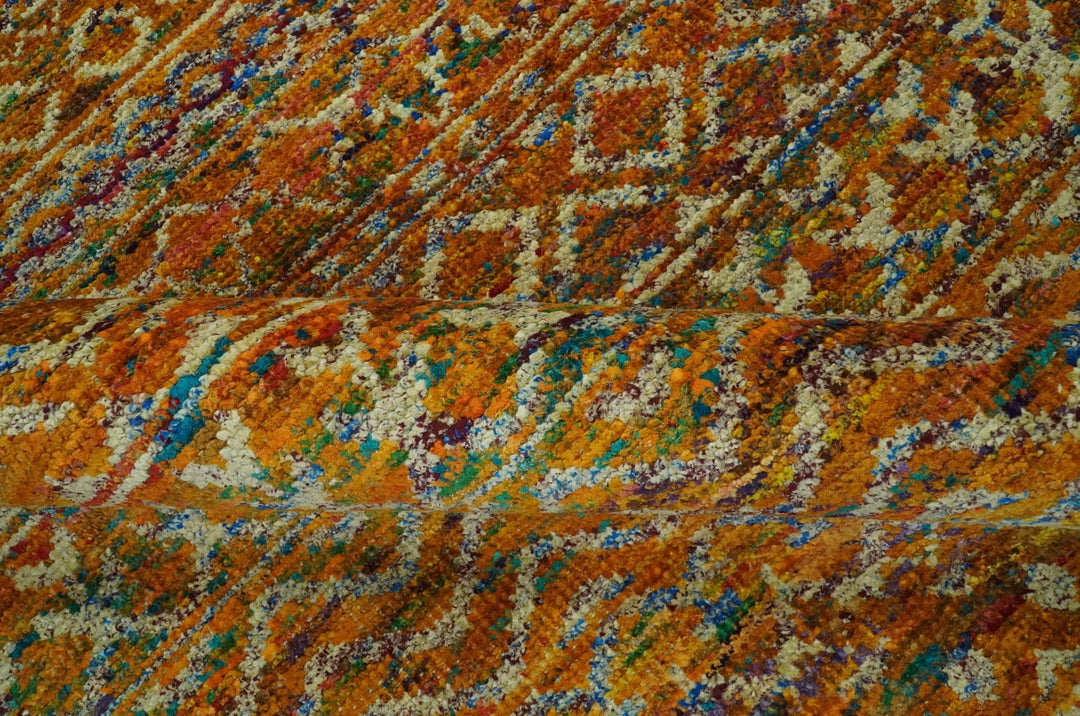 Rust and Beige 6x8.6 Contemporary Southwestern Tribal Trellis Recycled silk Rug - The Rug Decor