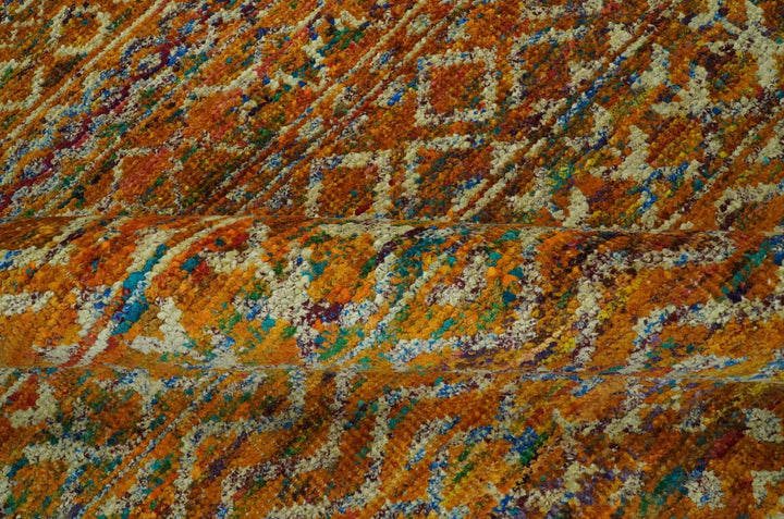 Rust and Beige 6x8.6 Contemporary Southwestern Tribal Trellis Recycled silk Rug - The Rug Decor