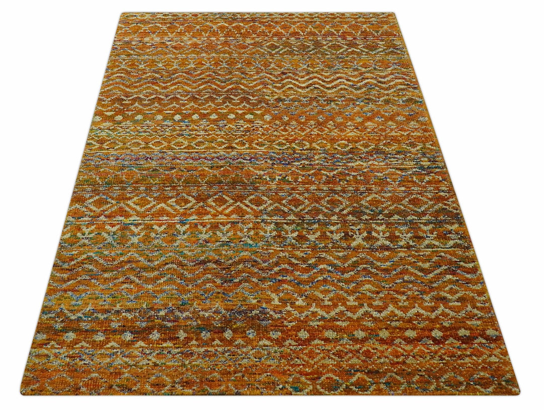 Rust and Beige 6x8.6 Contemporary Southwestern Tribal Trellis Recycled silk Rug - The Rug Decor