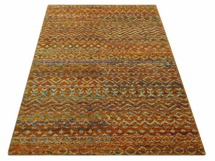 Rust and Beige 6x8.6 Contemporary Southwestern Tribal Trellis Recycled silk Rug - The Rug Decor
