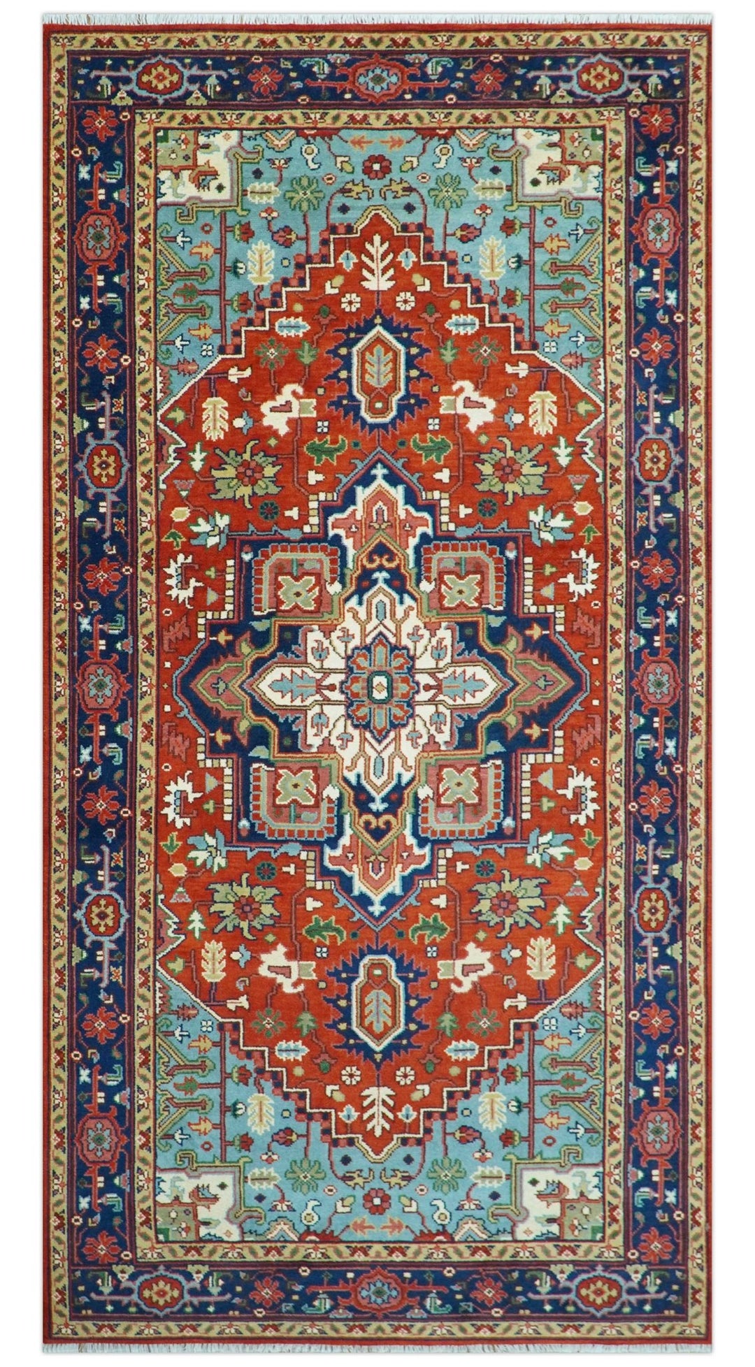 Rust and Blue Hand Knotted Traditional Heriz Serapi Multi Size wool Area Rug - The Rug Decor