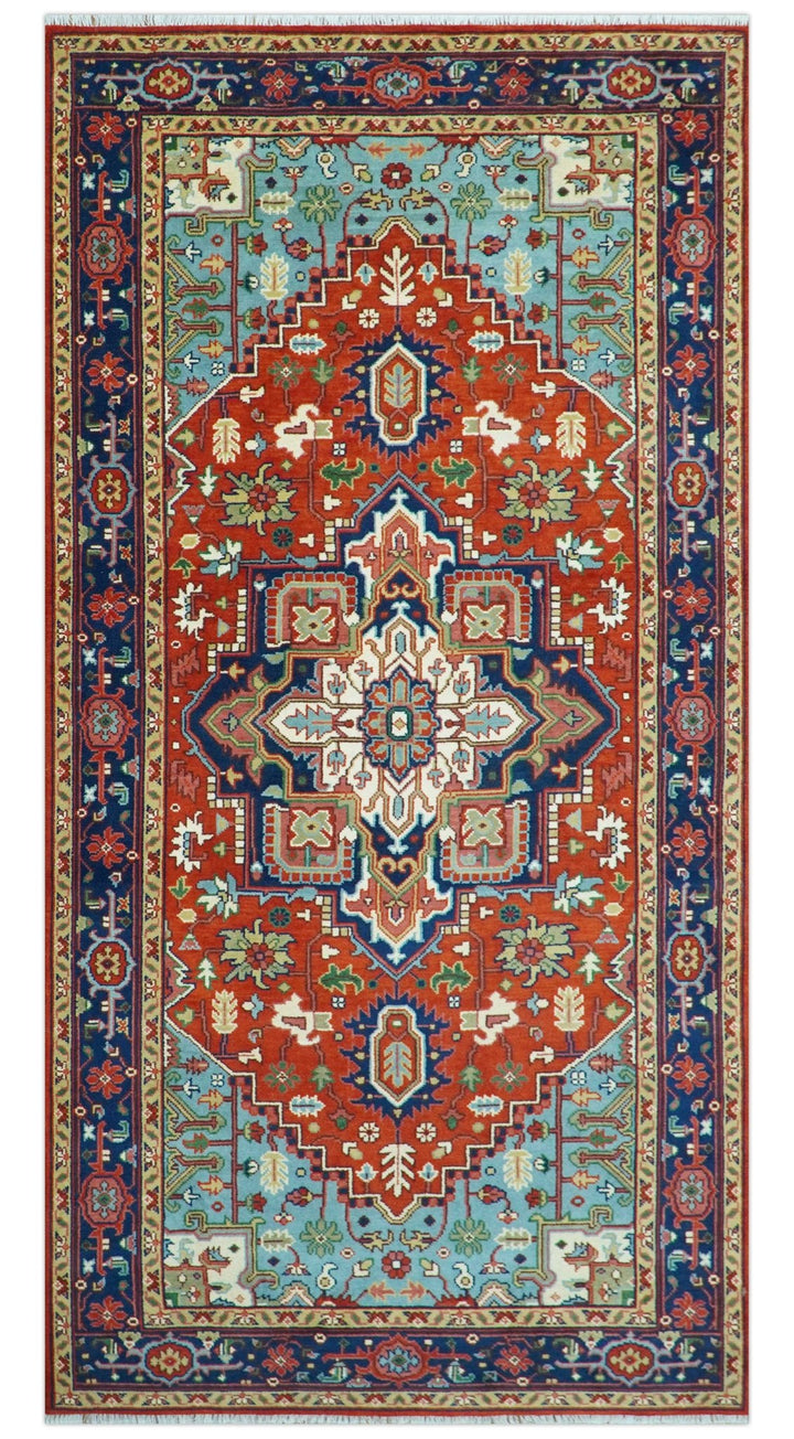 Rust and Blue Hand Knotted Traditional Heriz Serapi Multi Size wool Area Rug - The Rug Decor