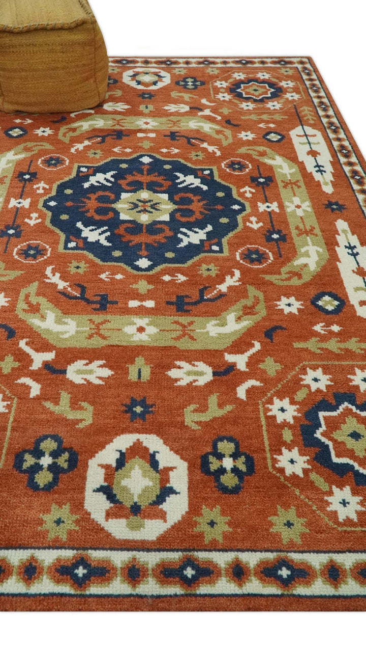 Rust and Blue Hand Knotted Traditional Medallion Mamluk Design Multi Size wool Rug - The Rug Decor