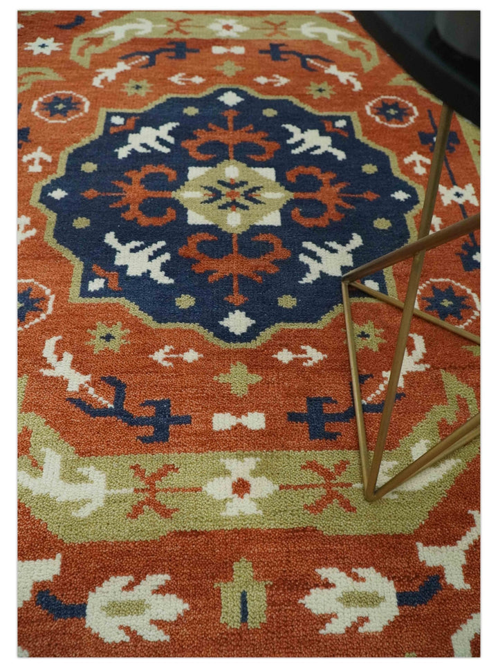 Rust and Blue Hand Knotted Traditional Medallion Mamluk Design Multi Size wool Rug - The Rug Decor