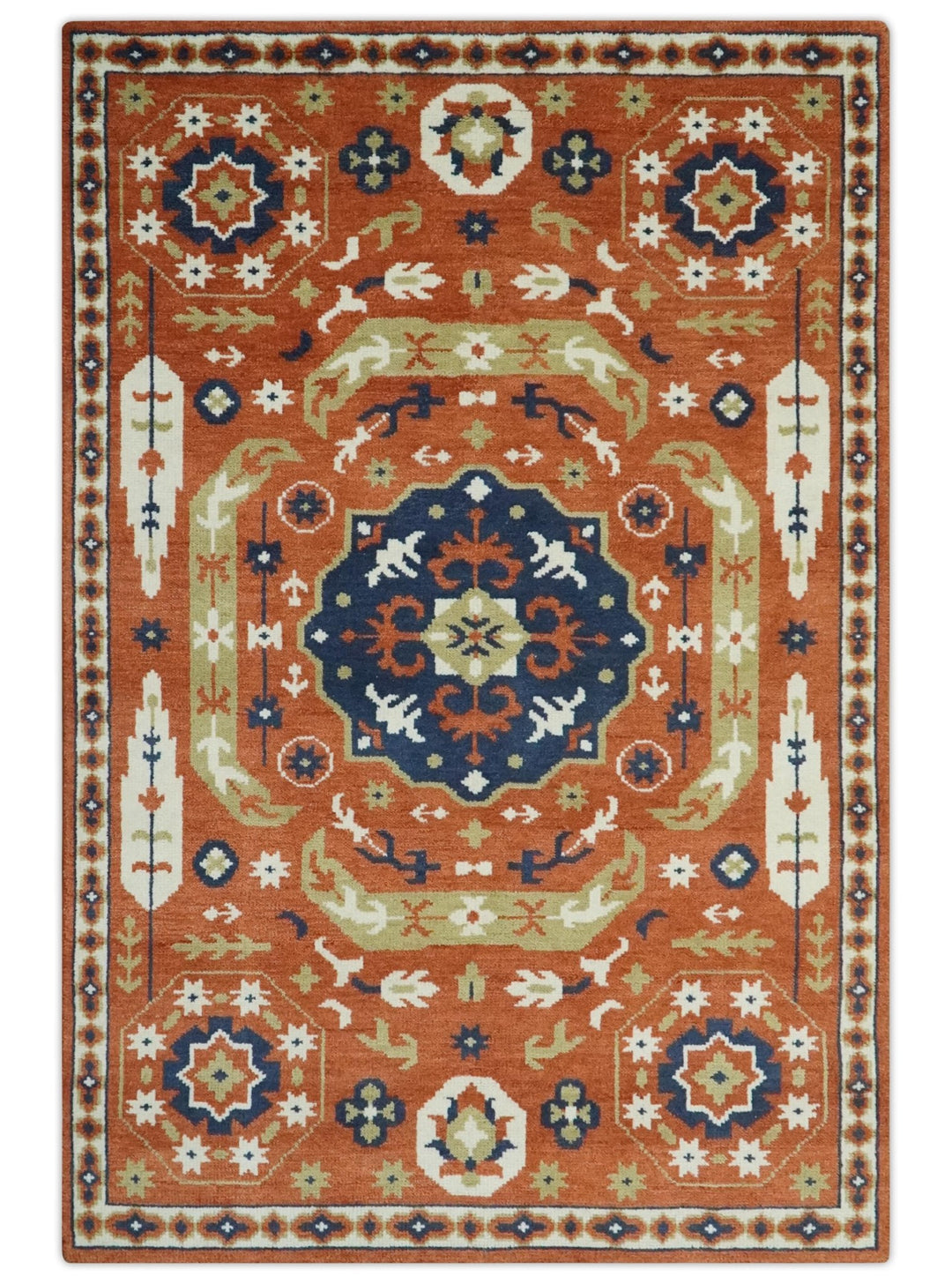 Rust and Blue Hand Knotted Traditional Medallion Mamluk Design Multi Size wool Rug - The Rug Decor