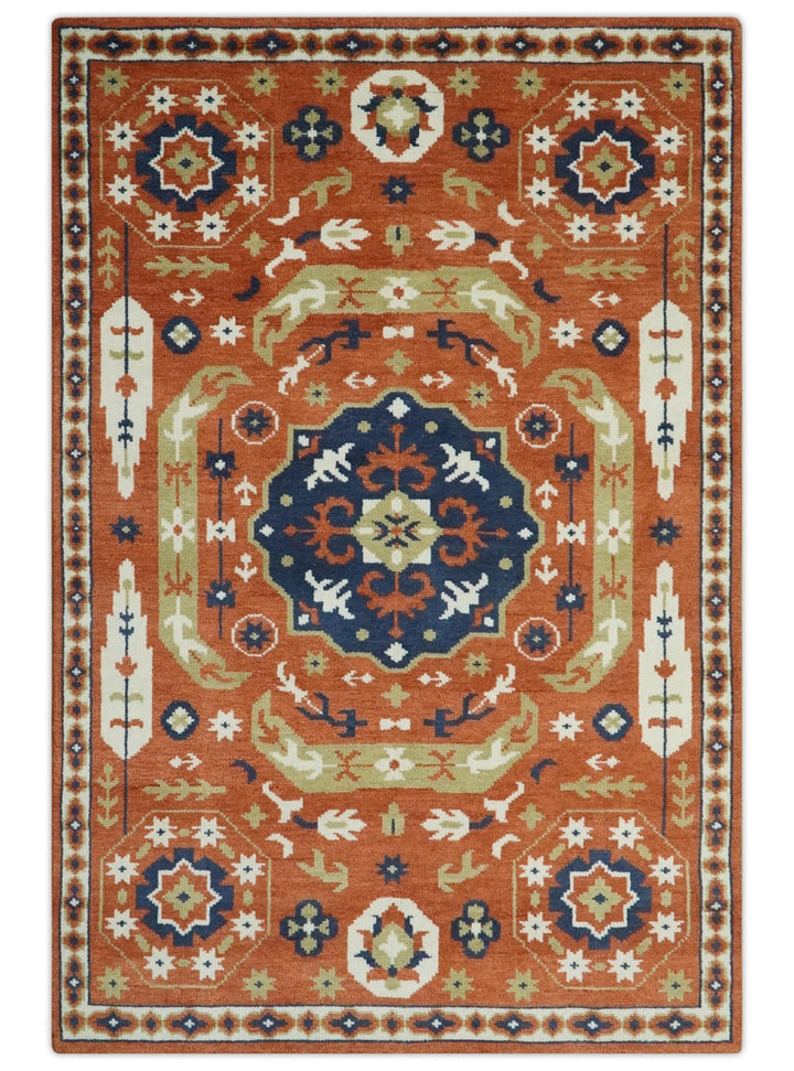 Rust and Blue Hand Knotted Traditional Medallion Mamluk Design Multi Size wool Rug - The Rug Decor