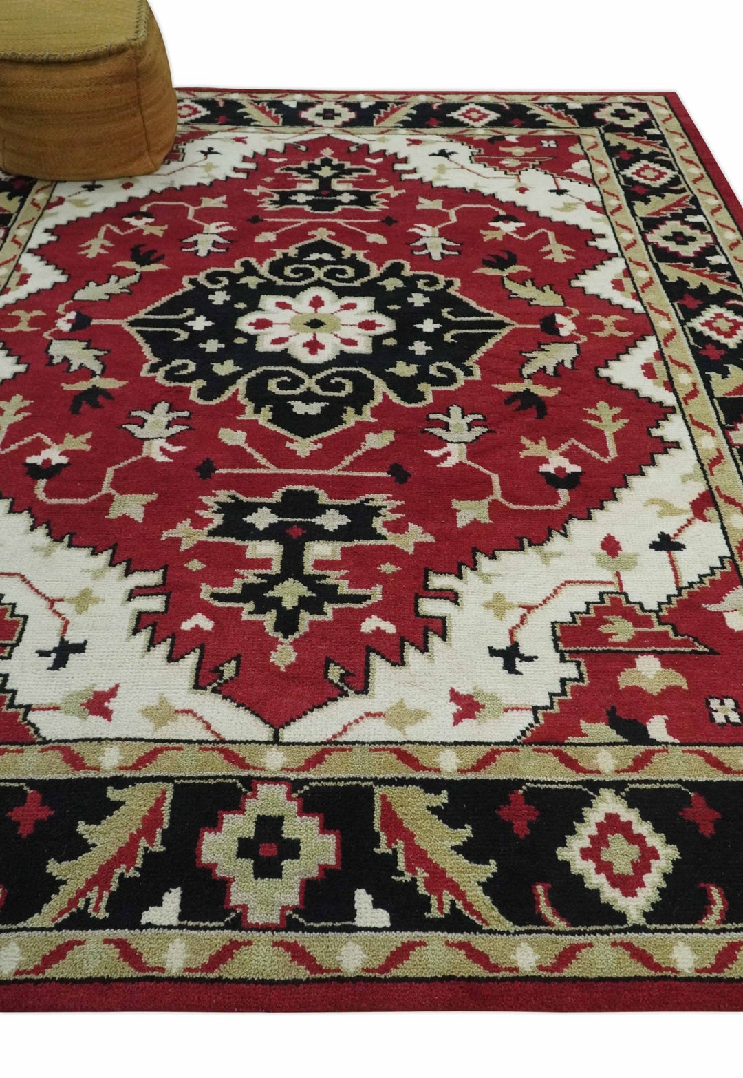 Rust, Ivory, Black and Beige 8x10 Hand Knotted Traditional Heriz wool Rug - The Rug Decor