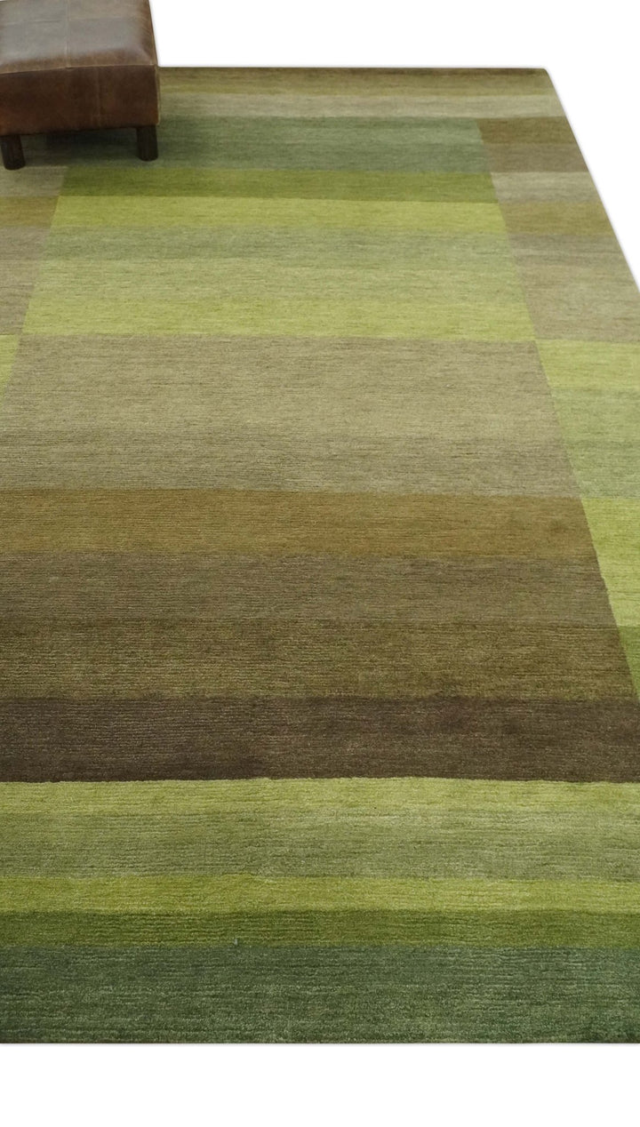 Shades of Green Modern Geometrical Stripes Design Hand loom 5x8 wool Area rug - The Rug Decor