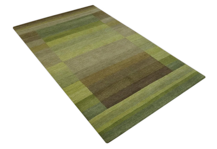 Shades of Green Modern Geometrical Stripes Design Hand loom 5x8 wool Area rug - The Rug Decor