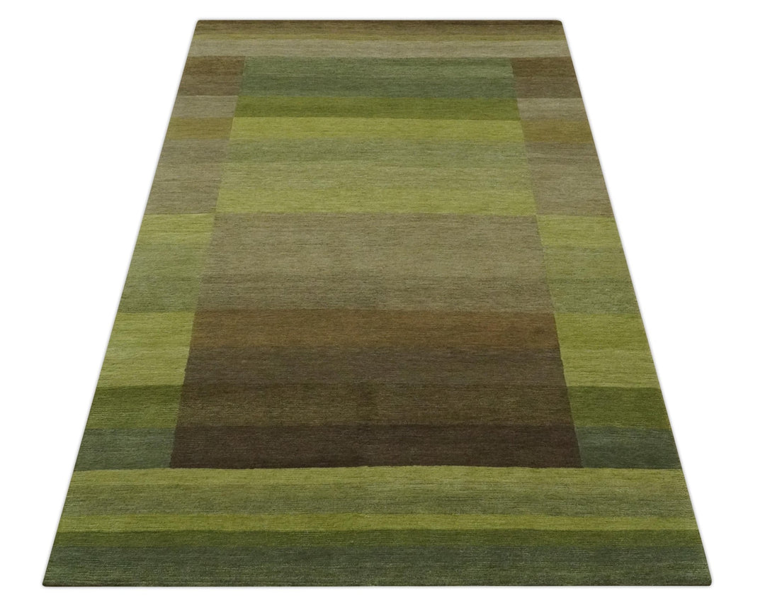 Shades of Green Modern Geometrical Stripes Design Hand loom 5x8 wool Area rug - The Rug Decor