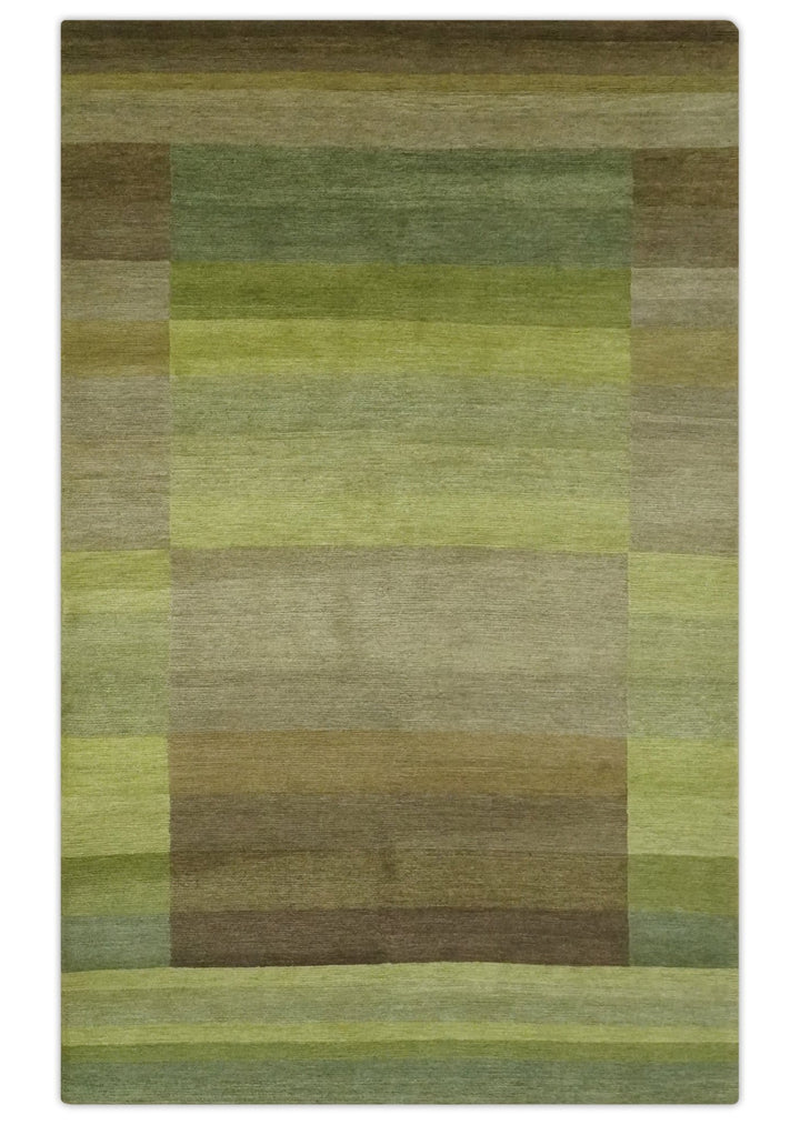 Shades of Green Modern Geometrical Stripes Design Hand loom 5x8 wool Area rug - The Rug Decor