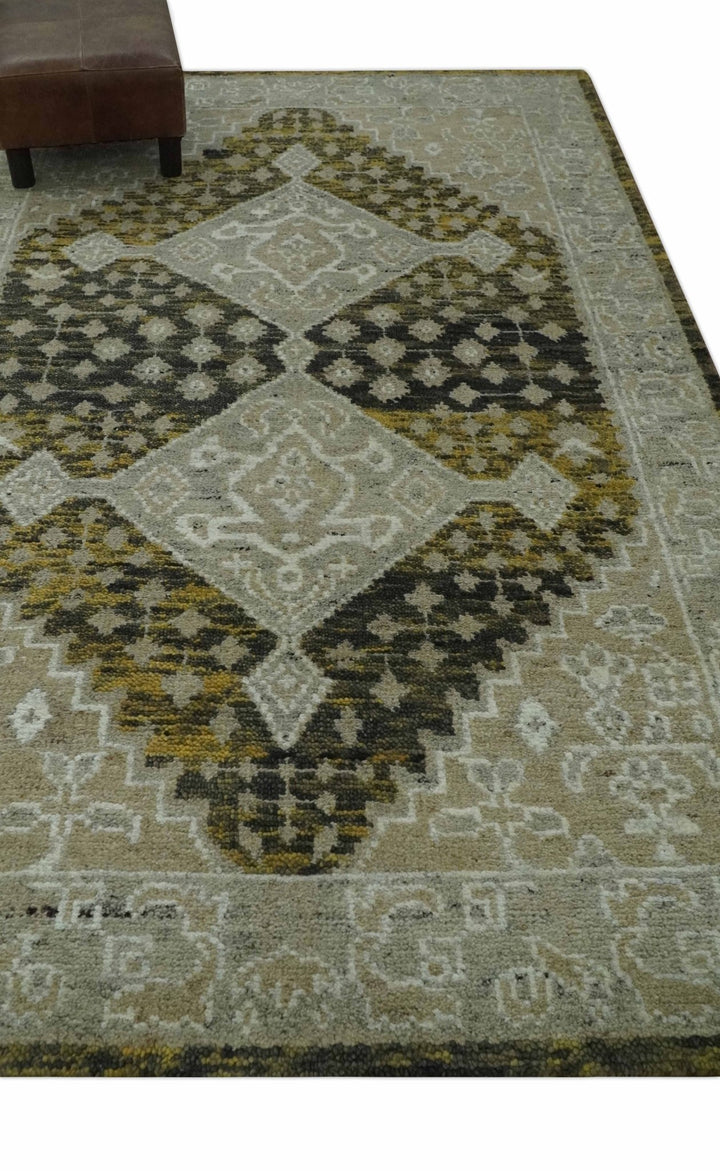 Silver, Beige, Olive and Charcoal Hand Knotted Traditional Heriz 5x8 wool Area Rug - The Rug Decor