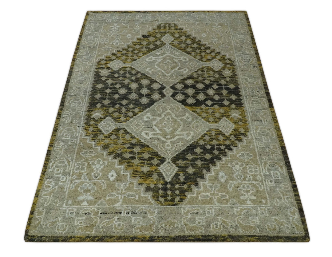 Silver, Beige, Olive and Charcoal Hand Knotted Traditional Heriz 5x8 wool Area Rug - The Rug Decor