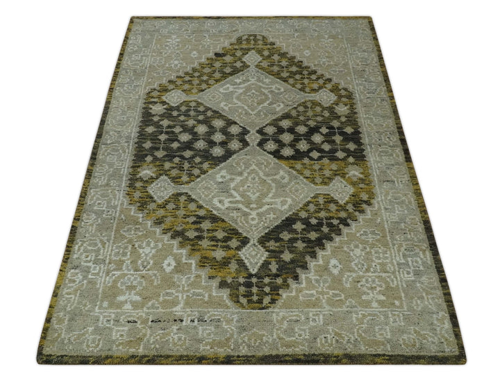 Silver, Beige, Olive and Charcoal Hand Knotted Traditional Heriz 5x8 wool Area Rug - The Rug Decor